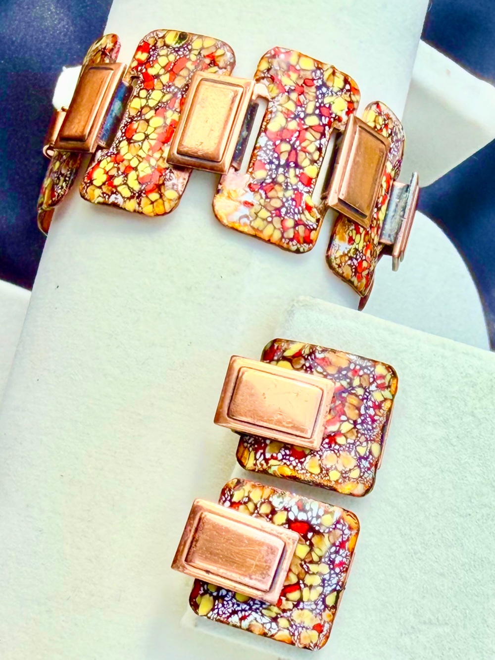 Vintage Matisse Renoir Copper & Confetti Enamel Link Bracelet and Earring Set